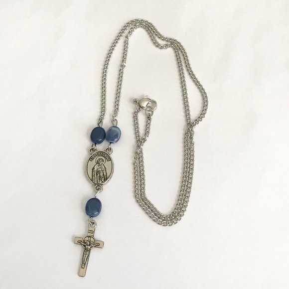 Vintage St Saint Anthony Peregrine Cross Necklace Medal Catholic 21" Blue Beads - Picture 10 of 11